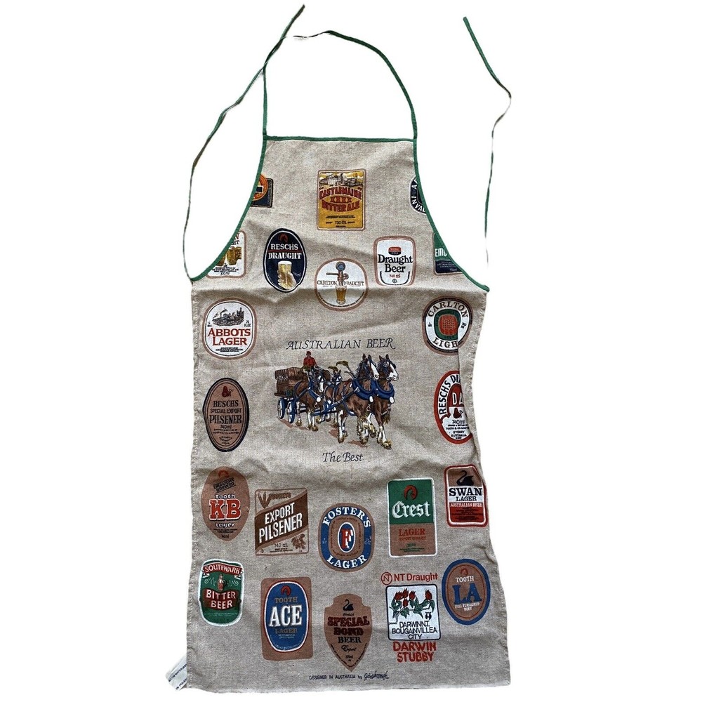 Gainsborough Australian Beer Labels Apron Burplap Look Green Piping Adult Small